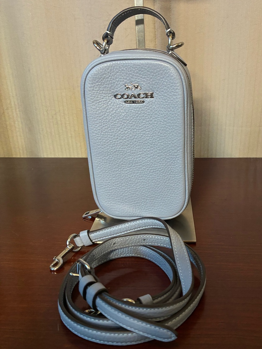 Coach Eva Phone Leather Crossbody in Light Blue with Silver Hardware